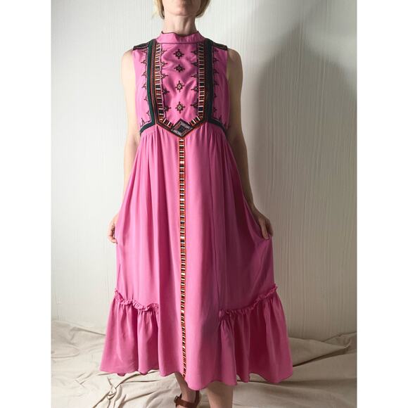 WHISTLES "Avery" Silk Bubblegum Pink Boho Embroidered Maxi Dress US 10 - Picture 1 of 13